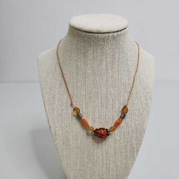 Cognac Amber Necklace Beaded Cord‎ Brown Orange Sil - Picture 1 of 7